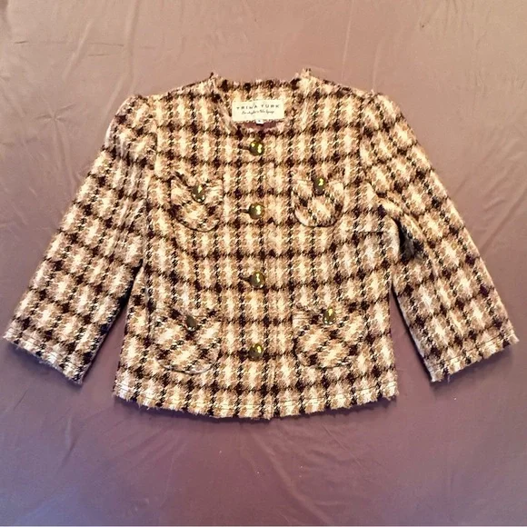 Trina Turk Gold Metallic Tweed 3/4 Sleeve Jacket w/ Gold Hardware Size 8/M $398 - Picture 3 of 10